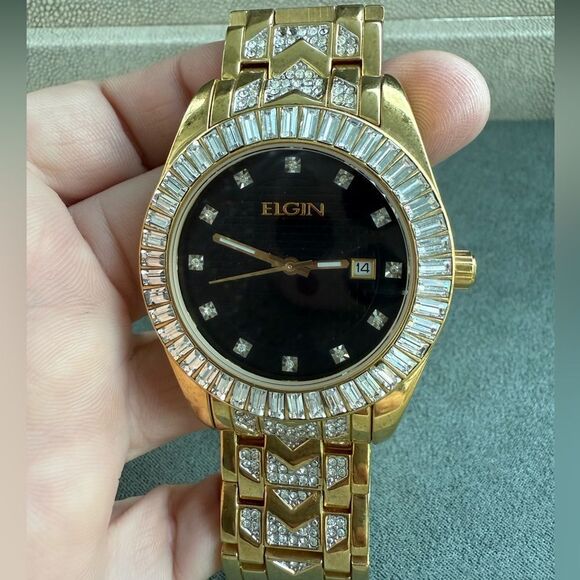 Elgin Gold Tone Watch with Crystal Accents & Black Dial – Needs Battery - Picture 10 of 17